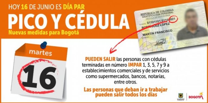 A partir del 16 de junio de 2020 en Bogotá habrá PICO Y CÉDULA  para diligencias bancarias, compras, pagos de servicios y trámites notariales. Es importante señalar que el pico y cédula NO APLICARÁ para las personas que deban ir a trabajar